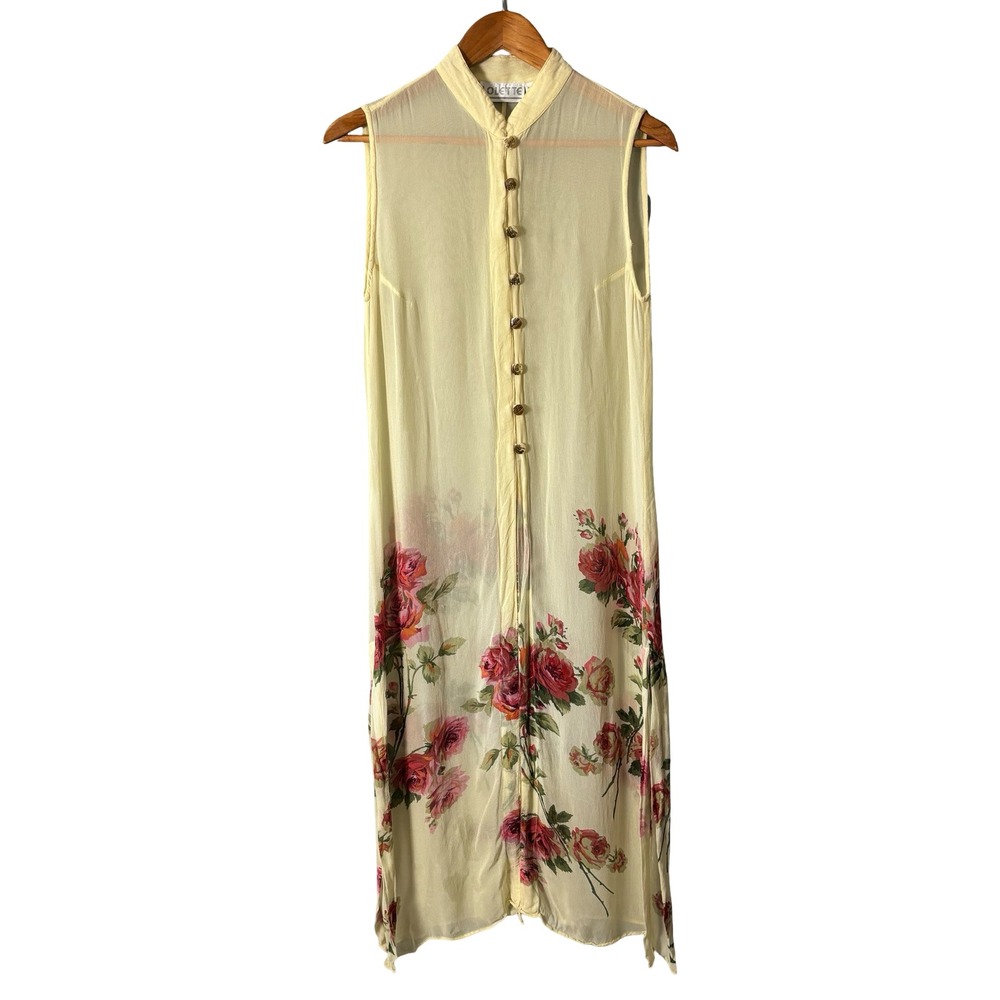 Lolette Vintage Sheer Floral Duster Vest Yellow Pink Rose Button Front Large
